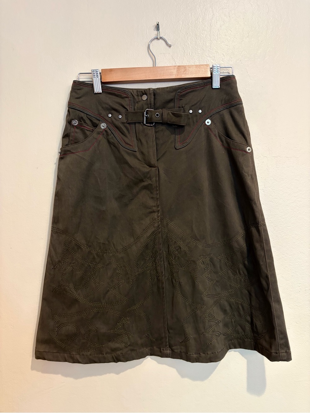 Olive Green Faux Suede Western Style Knee Length Skirt, Marty McFly Vibes